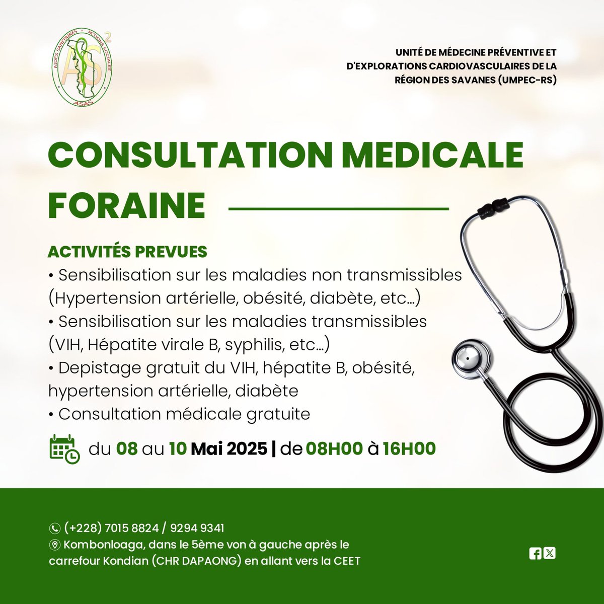 asastogo's tweet photo. L' Unité de Médecine Préventive et d'Explorations Cardiovasculaires de la région des savanes (UMPEC -RS), organise une consultation médicale foraine pour le dépistage et la prise en charge gratuite de l'hypertension artérielle, du diabète, l'obésité, l'hépatite B, C, la syphilis. https://t.co/zcwahFmO58