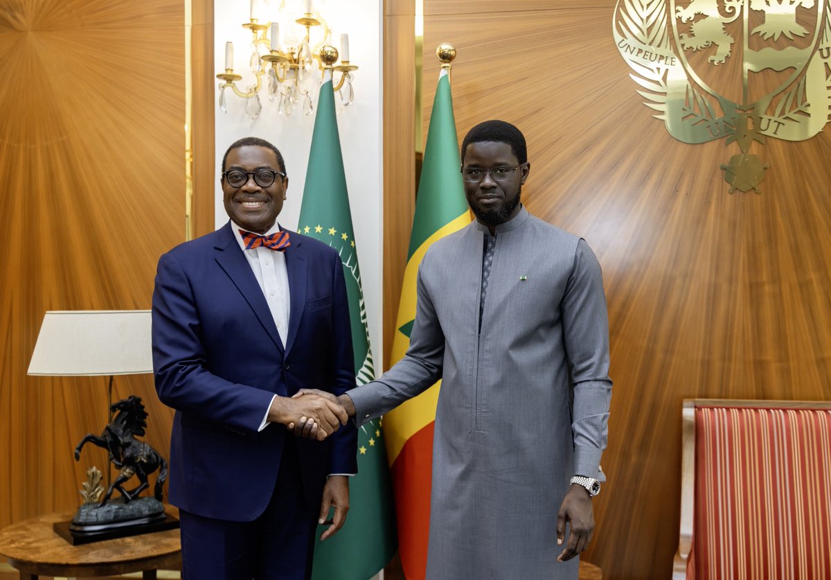 Akinwumi A. Adesina (@akin_adesina) on Twitter photo It was great to meet with my friend <a href="/PR_Diomaye/">Bassirou Diomaye Faye</a> President of Senegal. I was touched by your kind words: “the impressive results of the African Development Bank under your presidency cannot fully express the incredible impact of your outstanding leadership for Africa”.🙏🏽❤️ It was great to meet with my friend <a href="/PR_Diomaye/">Bassirou Diomaye Faye</a> President of Senegal. I was touched by your kind words: “the impressive results of the African Development Bank under your presidency cannot fully express the incredible impact of your outstanding leadership for Africa”.🙏🏽❤️