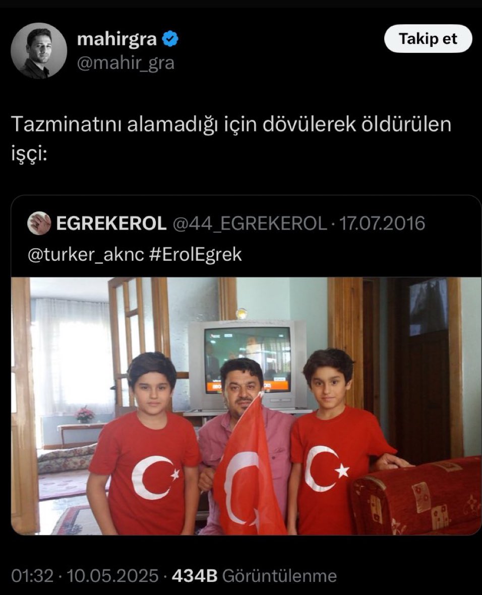 🟡 Alçak kahpe evladı Mahir Akkoyun, katledilen işciyi 15 Temmuz'da yaptığı Türk bayraklı paylaşımı üzerinden hedef gösterdi.