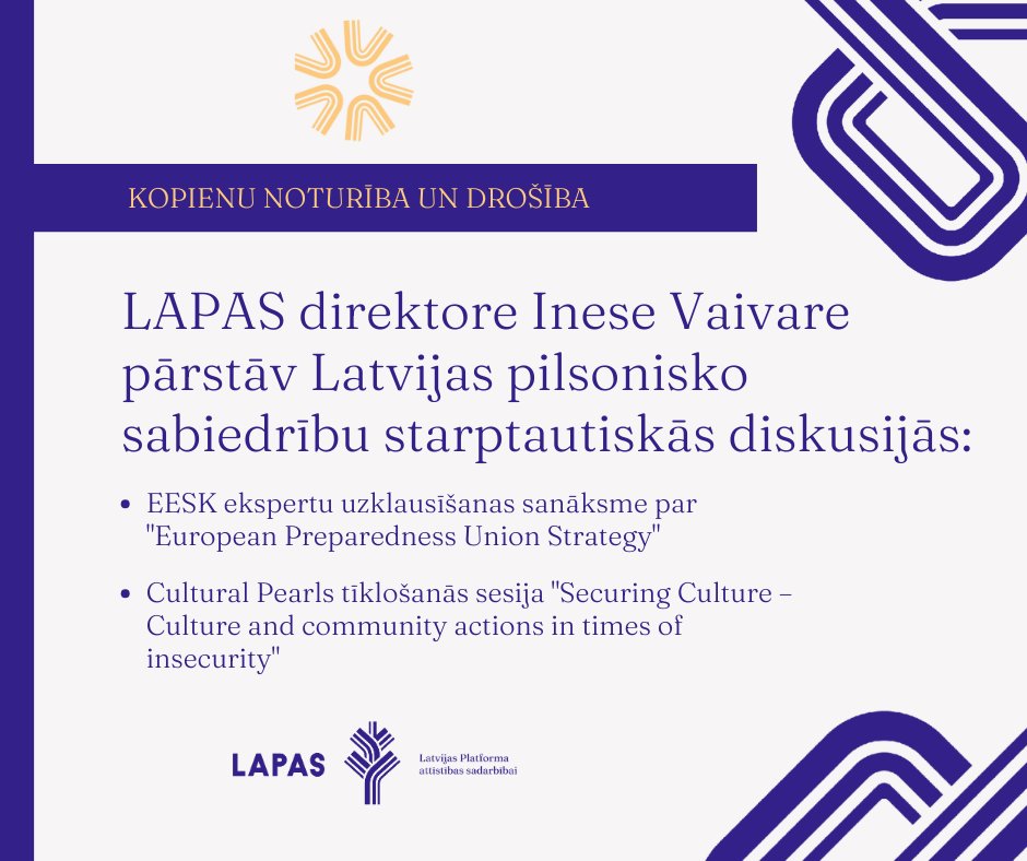 Latvijas Platforma attīstības sadarbībai (LAPAS) (@lapas_lv) on Twitter photo Noturība un kopienas drošība: LAPAS direktore Inese Vaivare šonedēļ pārstāvēja Latvijas NVO divās starptautiskās diskusijās par sabiedrības gatavību krīzēm un kultūras lomu drošībā. Vairāk: bit.ly/3ZdZYJc #resilience #civilSociety #LAPAS Noturība un kopienas drošība: LAPAS direktore Inese Vaivare šonedēļ pārstāvēja Latvijas NVO divās starptautiskās diskusijās par sabiedrības gatavību krīzēm un kultūras lomu drošībā. Vairāk: bit.ly/3ZdZYJc #resilience #civilSociety #LAPAS