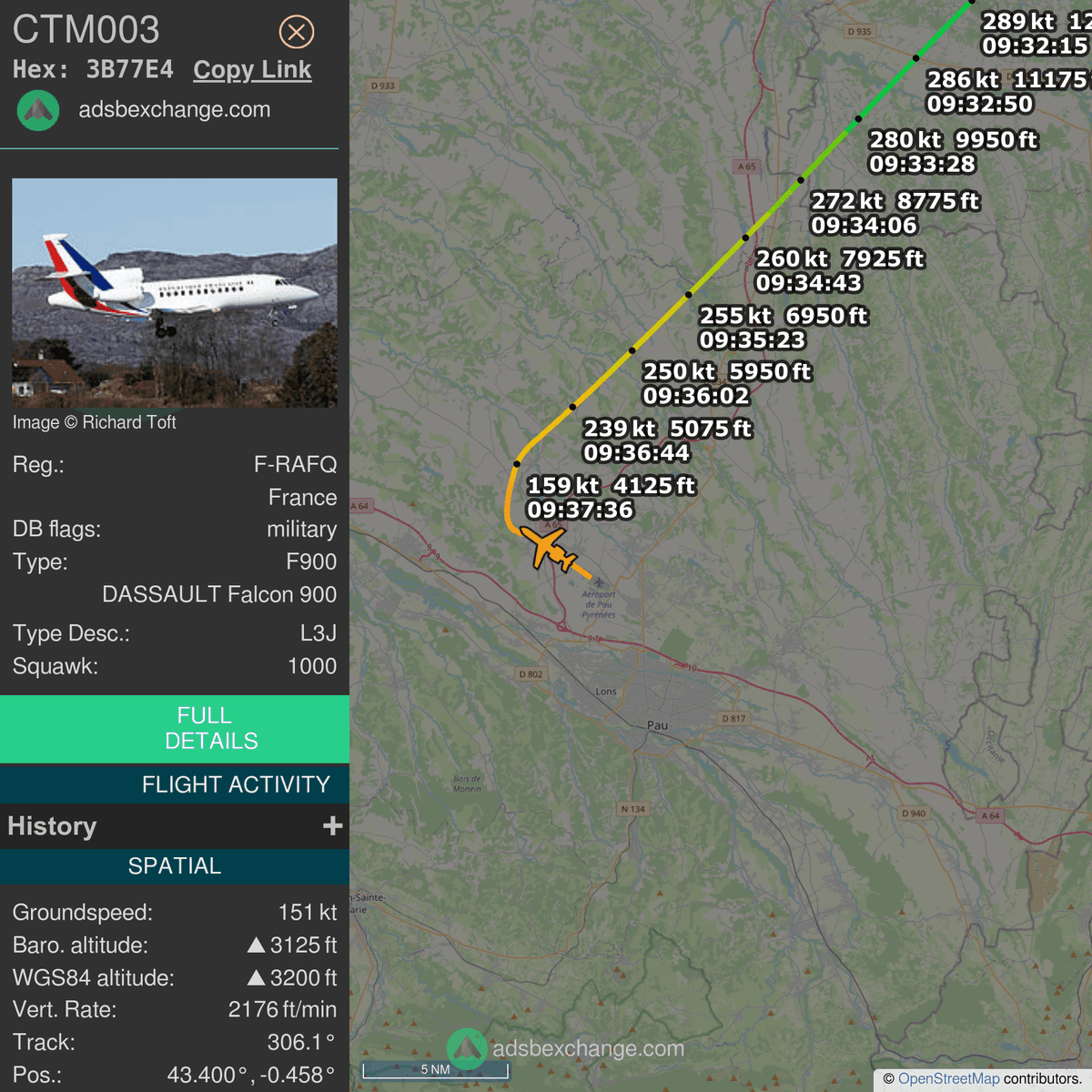 FlottePresident's tweet photo. 🛫 Un Dassault Falcon 900 🇫🇷 République Française vient de décoller près de Pau/Pyrénées (Uzein), France.
Vol #CTM003, immatriculation #FRAFQ.
Suivre le vol : https://t.co/aKEFAOe1YH https://t.co/zJxSGNADXV