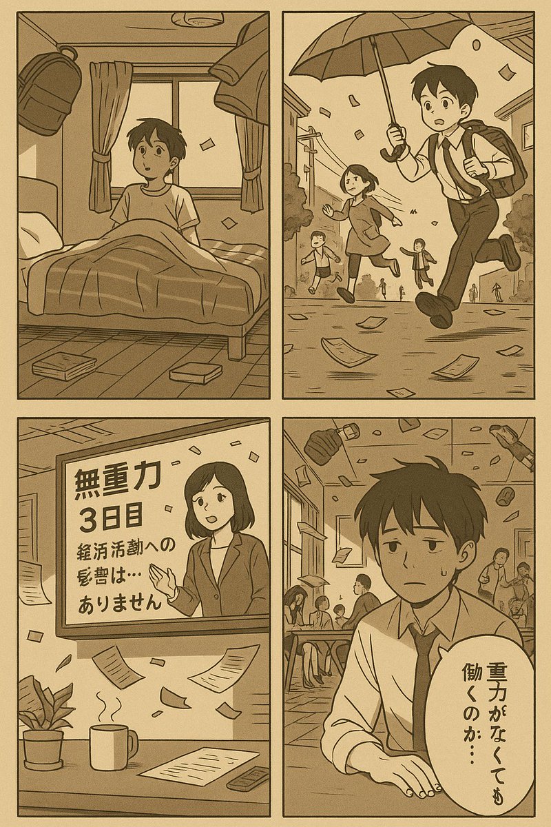 重力がなくなっても、
「お疲れさまでーす」って言いながら働いてる自分に驚いた。
#ai漫画　#もしも