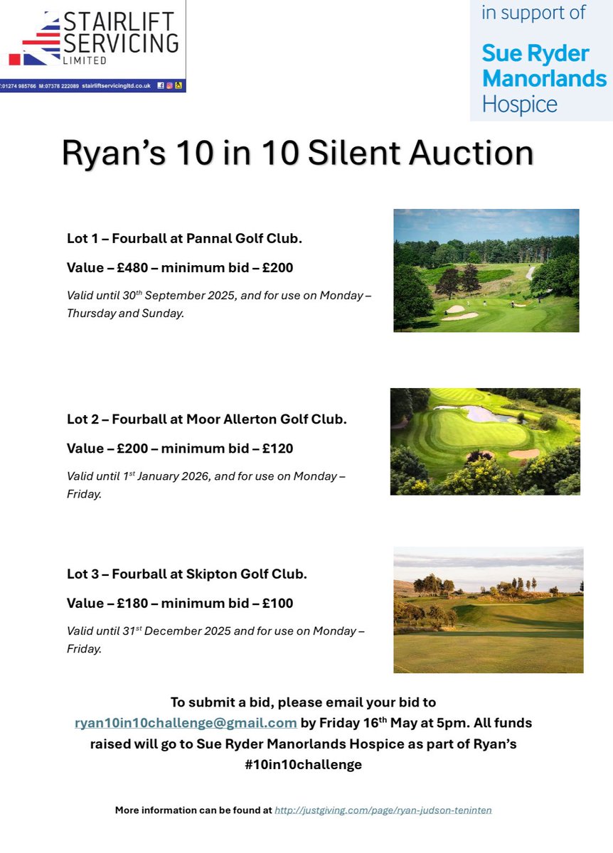 rjjudson77's tweet photo. Anyone for a bargain round of golf?

I’m holding a silent auction raise money for @Sue_Ryder  and have been kindly donated fourballs at @pannalgolfclub @MoorAllertonGC &amp; @SkiptonGolfClub.

Deadline for bids is next Friday (16th) - please get in touch to bid!

@negolfer @YUGCUK https://t.co/a7I3gjDNgu