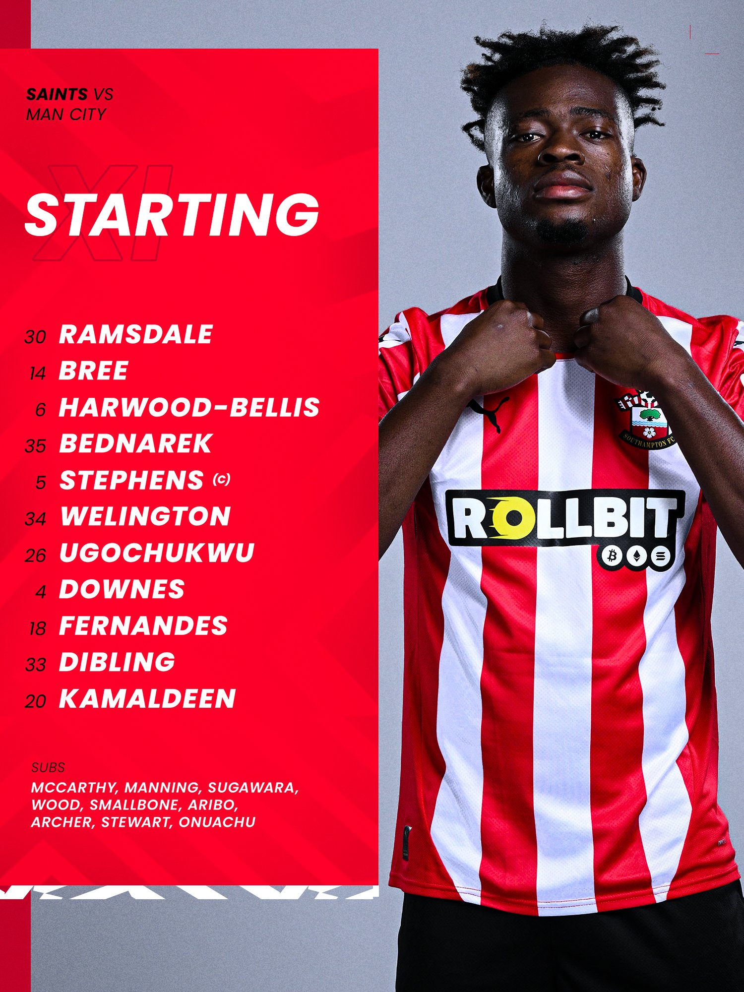 Southampton's starting XI taking on Manchester City: Ramsdale, Bree, Harwood-Bellis, Bednarek, Stephens (c), Welington, Ugochukwu, Downes, Fernandes, Dibling, Kamaldeen.

SUBS: McCarthy, Manning, Sugawara, Wood, Smallbone, Aribo, Archer, Stewart, Onuachu.