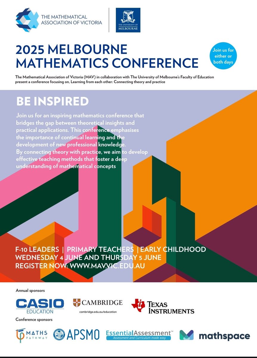 Paul Staniscia FACEL (Vic) (@paulstaniscia) on Twitter photo What works best? A bit of a hot topic at the moment and one that I look forward to unpacking with others at this year's <a href="/maths_vic/">The Mathematical Association of Victoria (MAV)</a> Mathematics Conference. Come and join me and an amazing line up of educators.
mav.vic.edu.au/Conference/Mel… What works best? A bit of a hot topic at the moment and one that I look forward to unpacking with others at this year's <a href="/maths_vic/">The Mathematical Association of Victoria (MAV)</a> Mathematics Conference. Come and join me and an amazing line up of educators.
mav.vic.edu.au/Conference/Mel…