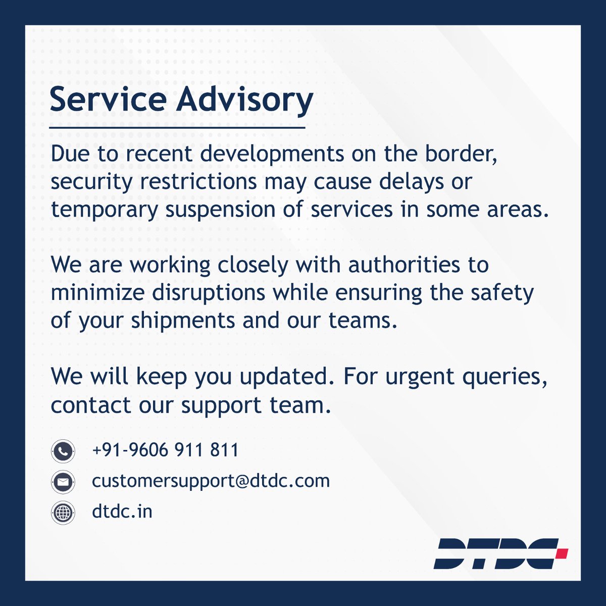 Important Service Update:
Due to recent developments on the border, there may be delays or temporary service suspensions in select areas. We are working closely with authorities to minimize disruptions and ensure the safety of your shipments and our teams. Thank you for your