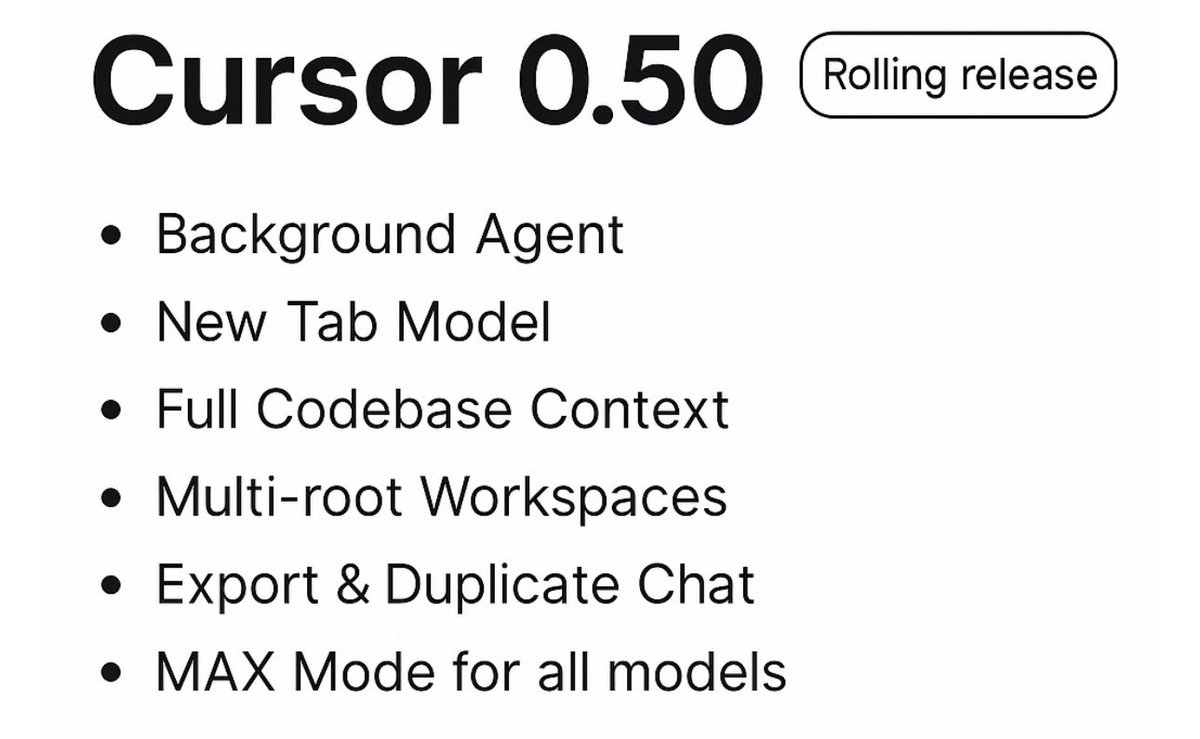 cursor changelog 🚨0.50

- background agend 🔥 
- new tab mode
- context for your entire code base‼️
- multiple workspaces 
- export/duplicate chat
- MAX mode for all top models

and more!