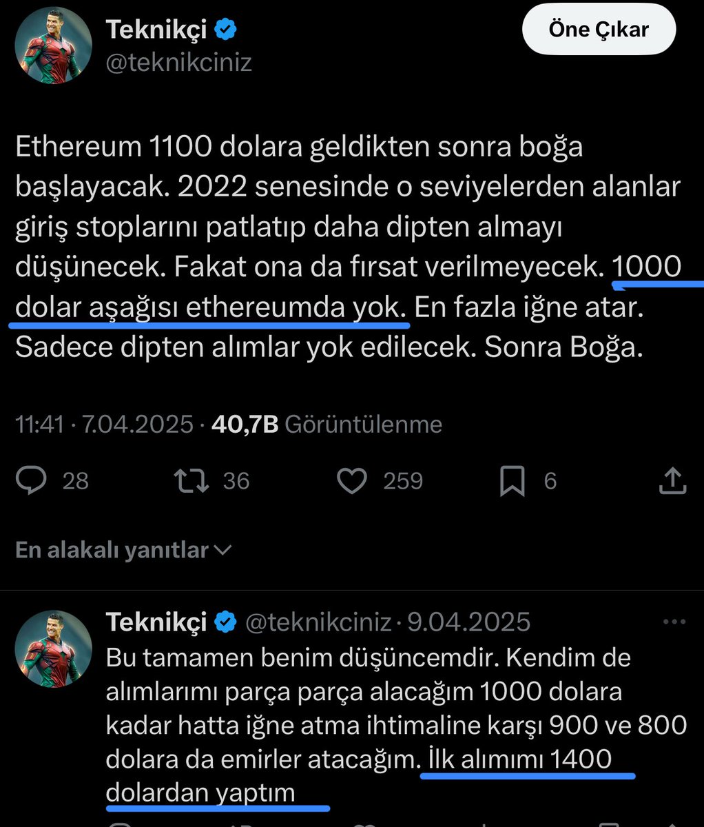 BOĞA koşusunun ateşini yakmadan hemen önce işte bu tweetim ile 7 Nisanda Ethereum da 1000 doların aşağısı olmadığını söyleyerek ve 1400 dolardan yani en dibin de dibindeki fiyattan ETH aldığımı duyurarak beni takip eden herkesin kasasını anlık olarak %75 artırarak kripto