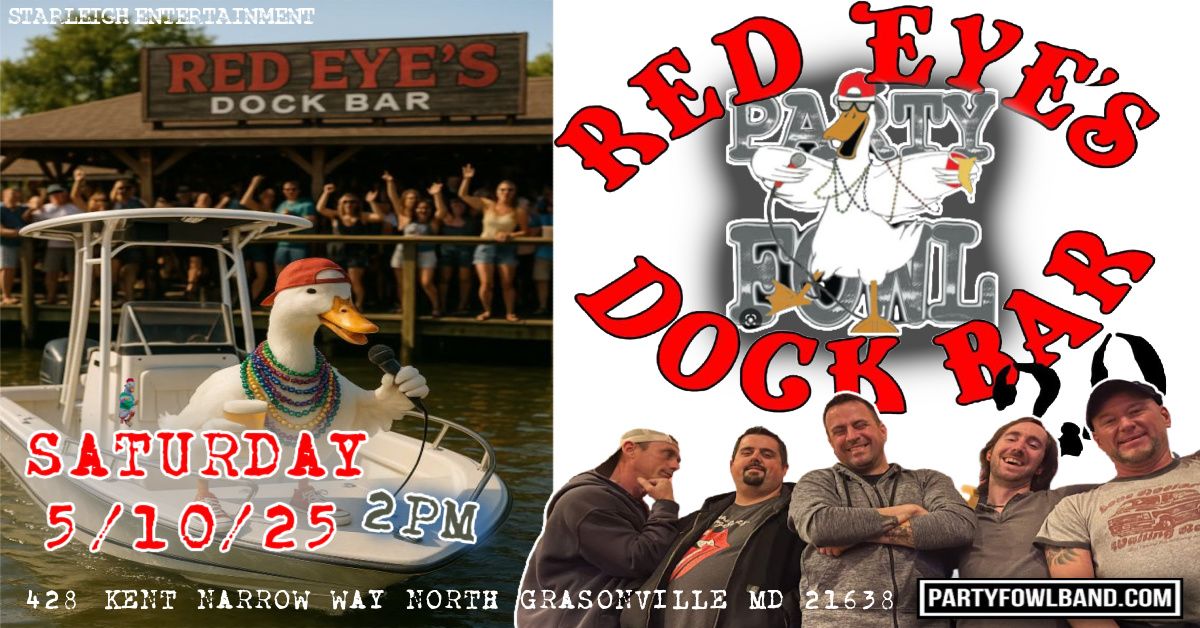 🎵 TODAY at 2PM! 
Party Fowl Band is bringing the heat to Red Eyes Dock Bar! 
Join us for an unforgettable afternoon of music &amp; fun on the water! 🌊

📍 428 Kent Narrow Way N, Grasonville, MD

<a href="/partyfowlband/">Party Fowl Band</a> <a href="/RedEyesDockBar/">Red Eye's Dock Bar</a>
#LiveMusic #MDMusic #WeekendVibes