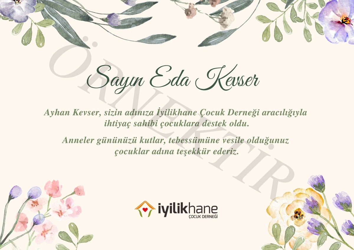 Anneler Günü'nde annenize vereceğiniz bir hediye, bir çocuğun hayatına dokunabilir!👧👦
Siz bağışlarınızla ihtiyaç sahibi çocuklara umut olurken, biz size özel Anneler Günü Tebriği sertifikası hazırlıyoruz.🎁
🌐Sertifika bağışı için internet sitemizi ziyaret edebilirsiniz.