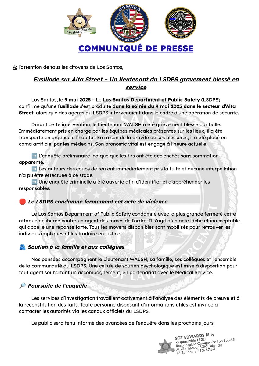 LSCPDSadoj's tweet photo. Le LSDPS fait face à un incident tragique survenu hier soir sur Alta Street
📷Un communiqué officiel est publié ci-dessous, avec des détails sur la fusillade et l'état de santé du Lt. WALSH, gravement blessé.
#LSDPS #Justice #Soutien https://t.co/SxrOdFfPFN