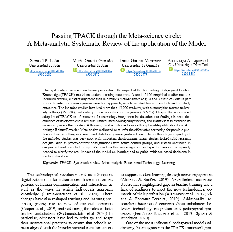🚨New Preprint Alert!🚨

#EdArXvi 
#TPACK
#Metaanalysis 

En esta Revisión Meta-Analítica evaluamos todas las intervenciones basadas en el Modelo TPACK en contextos educativos.

<a href="/mgg00142/">María García Garrido</a>
Inma García
<a href="/ALipnevich/">Prof. Anastasiya Lipnevich</a>

osf.io/preprints/edar…