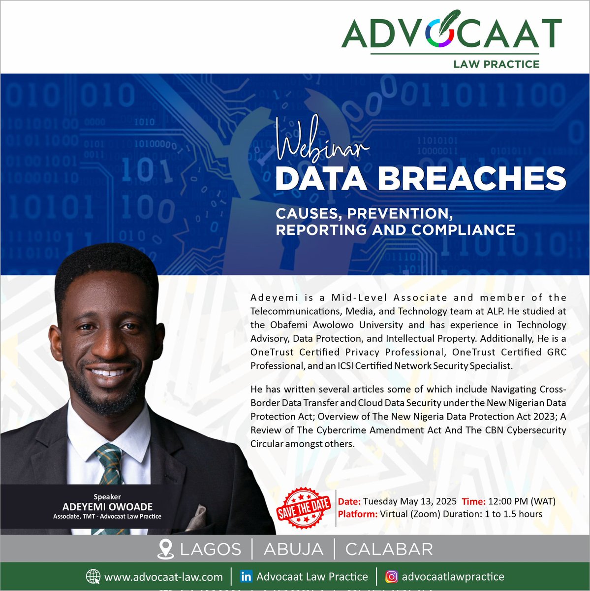 Owoadeyemi's tweet photo. Had an awesome time connecting with industry leaders and data protection experts this week at the just-concluded NADPA conference!

Speaking of data protection, I’m excited to invite you to our upcoming webinar on Data Breaches. 

REGISTER HERE 👉 
https://t.co/P8xApctahB https://t.co/YFb6E3SMdJ
