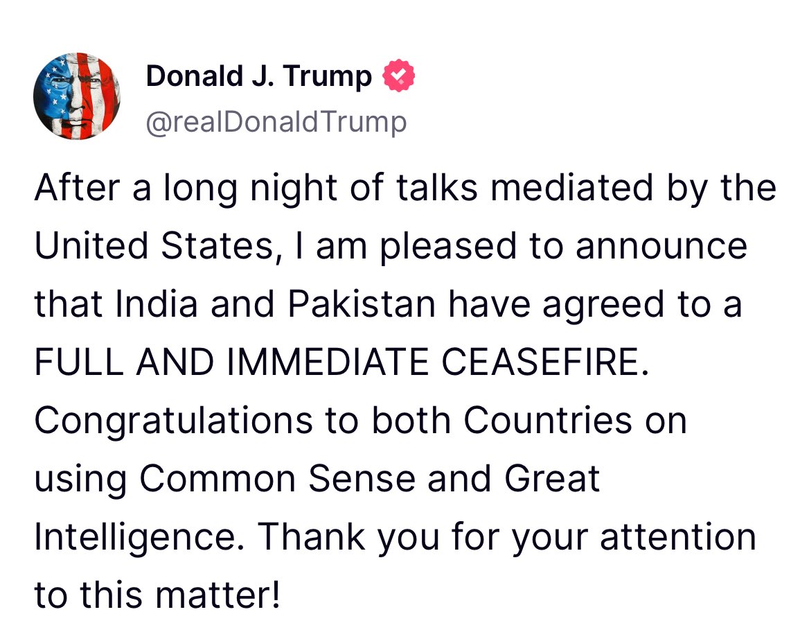 husainhaqqani's tweet photo. صدر ٹرمپ اور امریکہ کی کوششوں سے پاکستان اور بھارت میں جنگ بندی پر اتفاق ہو گیا ہے۔ یہ سمجھدارانہ فیصلہ ہے۔ دونوں مُلکوں کے عوام کو مُبارک ہو! https://t.co/LT0DSgdZVG