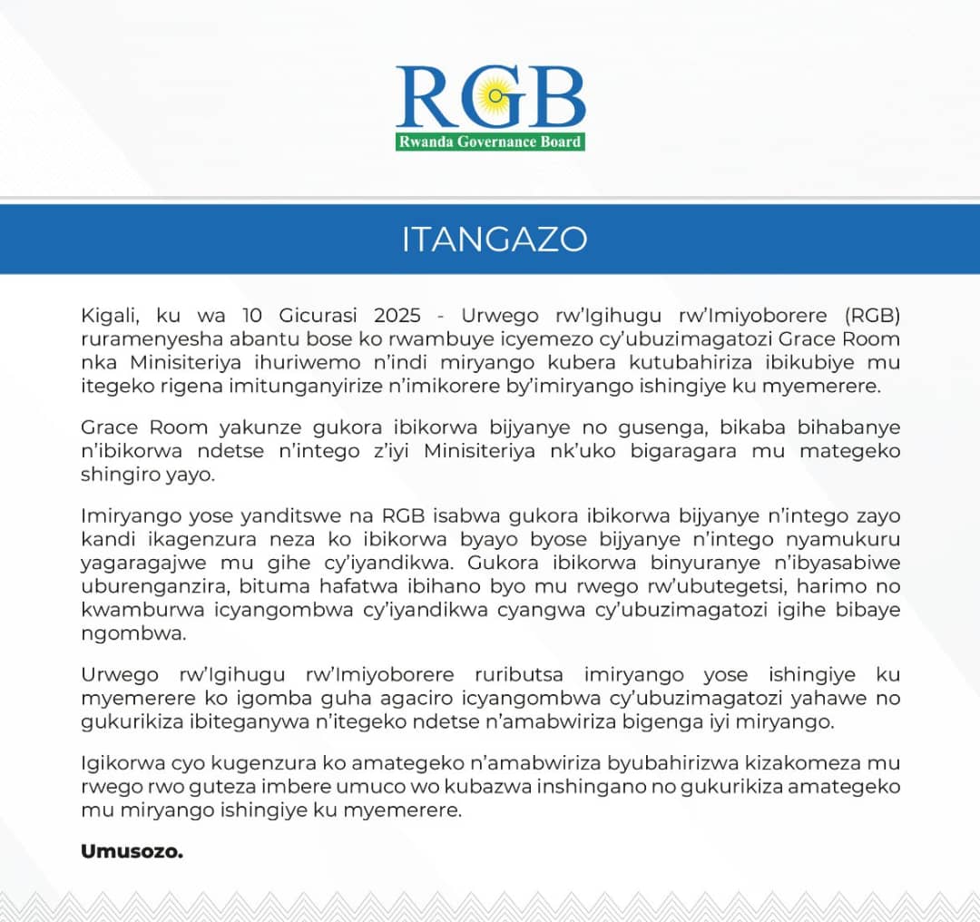 Itorero GRACE ROOM rya Julienne Kambanda ryambuwe ubuzima Gatozi ibi simbigarukaho buriya ababikoze bafite impamvu babikoze, ikintu nshaka kugarukaho ni abahagurutse bahagaze bishimiye ibyago bya bagenzi babo 🤔🤔🤔.

Nkunda kubivuga kenshi nubu mbisubiyemo, abantu benshi bagira