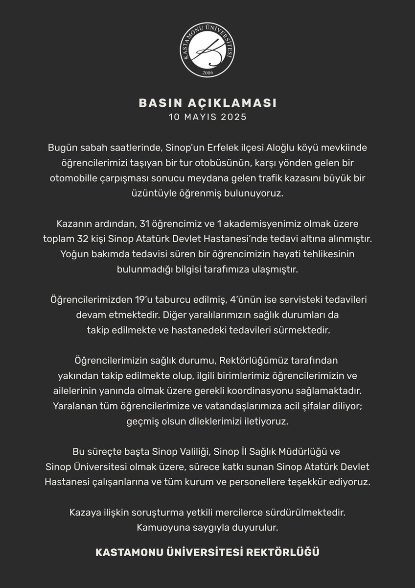 Rektörlüğümüzden Öğrencilerimizi Taşıyan Otobüs Kazasına Dair Basın Açıklaması
