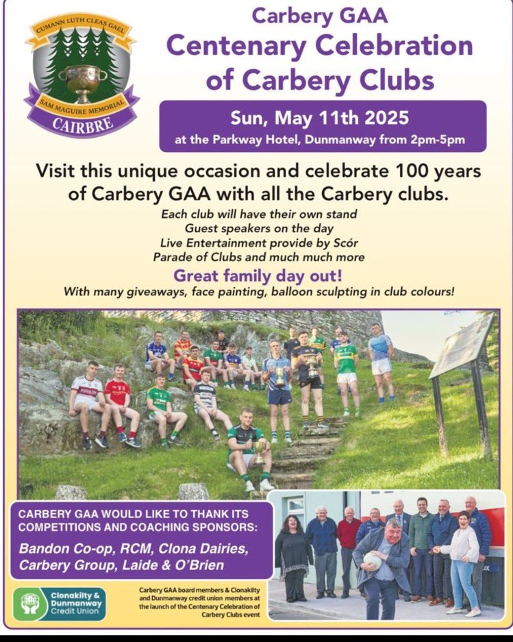 Bandon GAA club are looking forward to the Carbery Centenary Club celebration in Dunmanway tomorrow Sun 11 May from 2-5pm.

Great family day out.
All welcome.

<a href="/carberygaa/">Carbery GAA 💯</a>
<a href="/OfficialCorkGAA/">Cork GAA</a>
