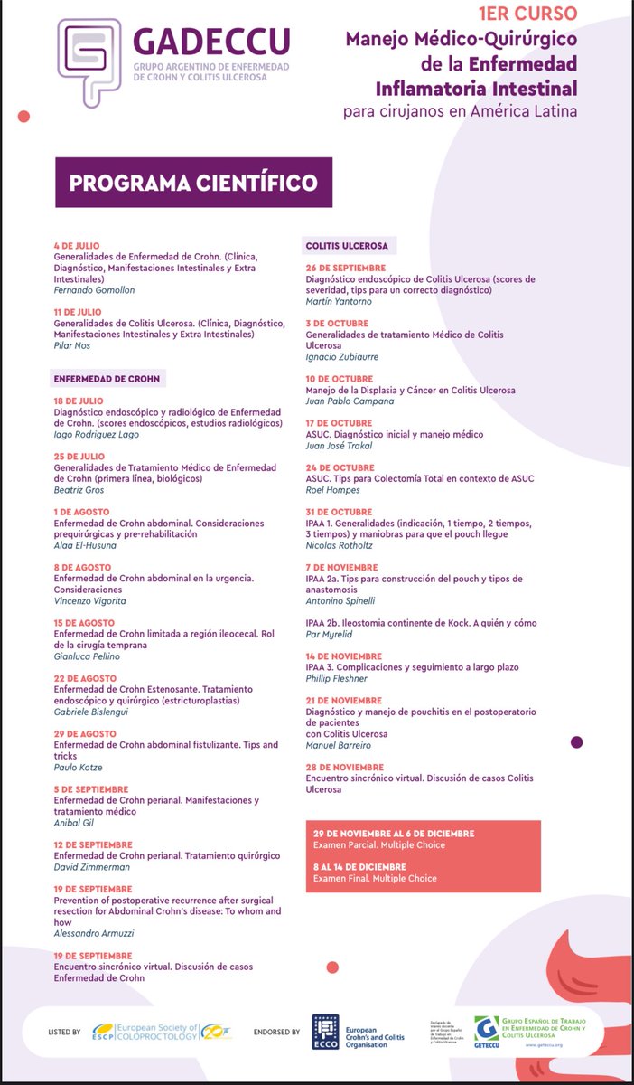 Nicolas Avellaneda (@nlavellaneda) on Twitter photo ¡Atención!
Ya están abiertas las inscripciones para el primer curso virtual en español sobre el manejo médico-quirúrgico de la Enfermedad Inflamatoria Intestinal (EII).
Organizado por <a href="/gadeccu/">GADECCU</a>, listado por <a href="/escp_tweets/">European Society of Coloproctology</a>, con el aval de <a href="/Y_ECCO_IBD/">Y-ECCO</a>, y de interés para <a href="/geteccu/">GETECCU</a>.
¿A ¡Atención!
Ya están abiertas las inscripciones para el primer curso virtual en español sobre el manejo médico-quirúrgico de la Enfermedad Inflamatoria Intestinal (EII).
Organizado por <a href="/gadeccu/">GADECCU</a>, listado por <a href="/escp_tweets/">European Society of Coloproctology</a>, con el aval de <a href="/Y_ECCO_IBD/">Y-ECCO</a>, y de interés para <a href="/geteccu/">GETECCU</a>.
¿A
