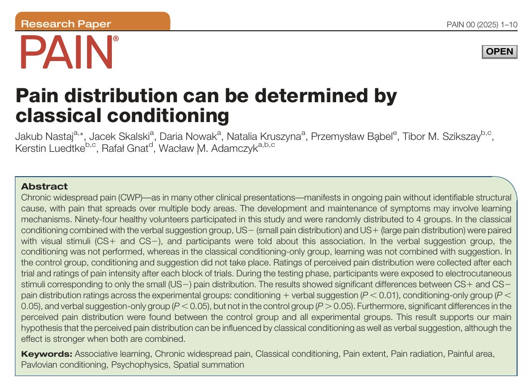 Przemysław Bąbel (@przemyslawbabel) on Twitter photo In our new <a href="/PAINthejournal/">PAIN Journal</a> paper, Jakub Nastaj and colleagues show—for the first time—that not only pain intensity but also pain distribution can be classically conditioned. Both classical conditioning (with/without verbal suggestion) and verbal suggestion alone led to an In our new <a href="/PAINthejournal/">PAIN Journal</a> paper, Jakub Nastaj and colleagues show—for the first time—that not only pain intensity but also pain distribution can be classically conditioned. Both classical conditioning (with/without verbal suggestion) and verbal suggestion alone led to an