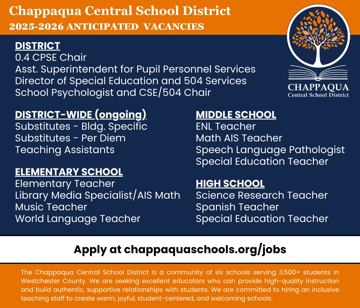 JOIN OUR TEAM - We are seeking excellent educators who can provide high-quality instruction and build authentic, supportive relationships with students. Apply today at chappaquaschools.org/jobs.
