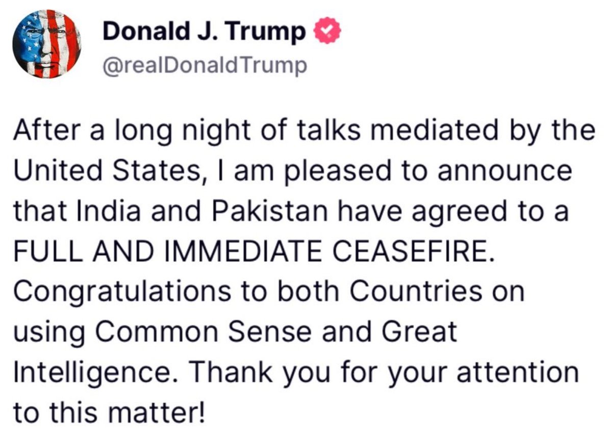 geoestratego's tweet photo. Trump anuncia que India y Pakistán han acordado un completo e inmediato alto el fuego.

Ojalá sea así.

Trump se anota el tanto. https://t.co/3bqWix3XCq