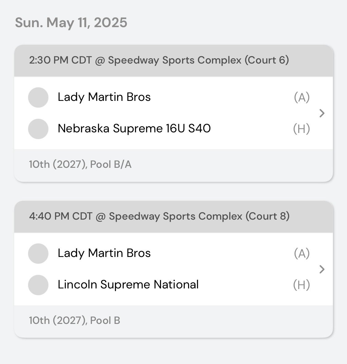 Tournament this weekend in Lincoln Nebraska! Here is the schedule. <a href="/MartinBrosAAU/">Martin Bros Select</a>