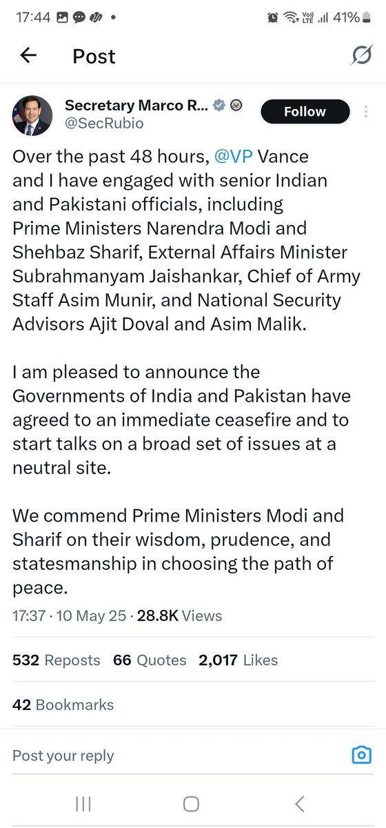ilah108's tweet photo. #BigUpdate | U.S Secretary Of State Marco Rubio says India and Pakistan have agreed to an immediate ceasefire. 
'Over the past 48 hours, @VP Vance and I have engaged with senior Indian and Pakistani officials, including Prime Ministers Narendra Modi and Shehbaz Sharif, External Affairs Minister Subrahmanyam Jaishankar, Chief of Army Staff Asim Munir, and National Security Advisors Ajit Doval and Asim Malik.

I am pleased to announce the Governments of India and Pakistan have agreed to an immediate ceasefire and to start talks on a broad set of issues at a neutral site.

We commend Prime Ministers Modi and Sharif on their wisdom, prudence, and statesmanship in choosing the path of peace.'