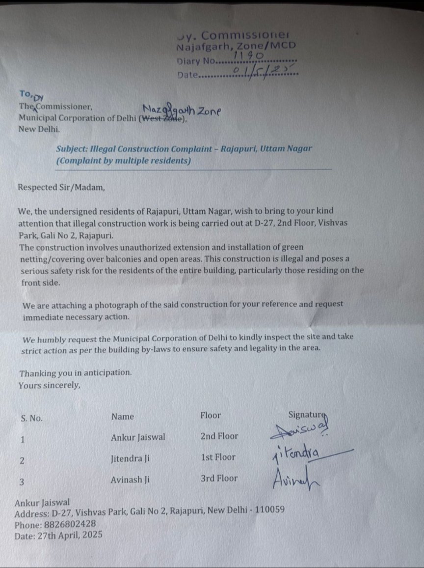 ankurjaiswal's tweet photo. @MCD_Delhi : Sir it's been almost 15 days since I filed a complaint but no action has been taken till date. Even I have submitted a written complaint as well but no luck. Can you please help?
Complaint No : 250501161405324981. https://t.co/MZqv9dU9ms
