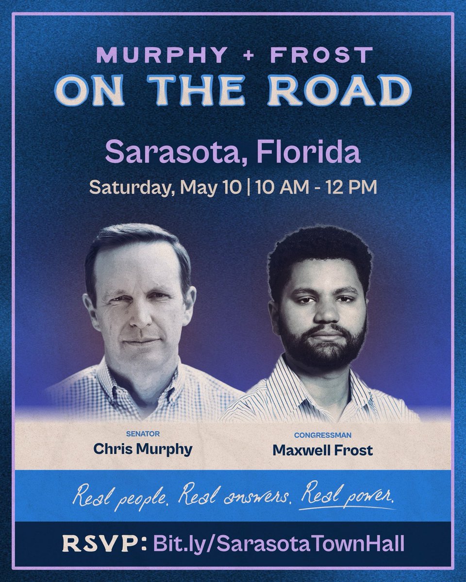 Chris Murphy 🟧 (@chrismurphyct) on Twitter photo It’s going to be a huge crowd this morning for my town hall with <a href="/MaxwellFrostFL/">Maxwell Alejandro Frost</a> in Sarasota. But we secured overflow space so come on down!
Also - it will stream live here. And Maxwell and I will be on <a href="/MSNBC/">MSNBC</a> at 9am too.
We aren’t letting Republicans hide from their voters. It’s going to be a huge crowd this morning for my town hall with <a href="/MaxwellFrostFL/">Maxwell Alejandro Frost</a> in Sarasota. But we secured overflow space so come on down!
Also - it will stream live here. And Maxwell and I will be on <a href="/MSNBC/">MSNBC</a> at 9am too.
We aren’t letting Republicans hide from their voters.
