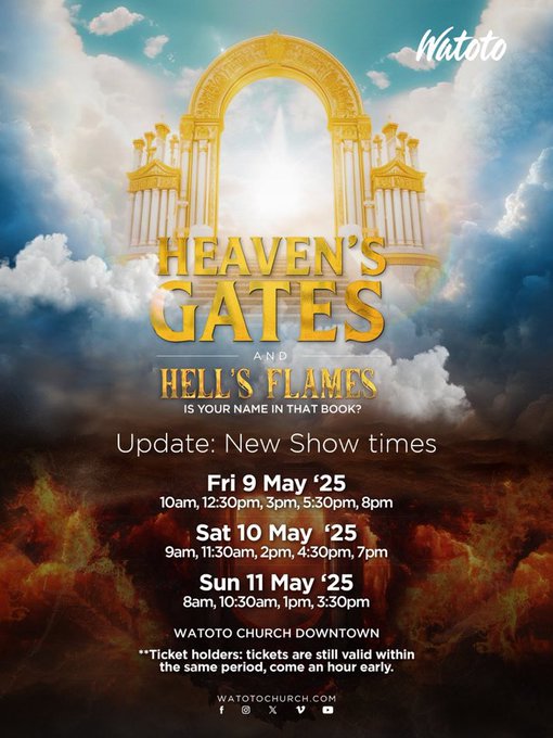 bendizhodouglas's tweet photo. HEAVEN'S GATES, HELL'S FLAMES; A LIFE-CHANGING EXPERIENCE

For years now, Heaven’s Gates, Hell’s Flames has moved audiences and led many to reflect deeply on their relationship with God. This powerful theatrical production, brought to life by @watotochurch, tells gripping stories of everyday people and the eternal consequences of the choices they make.

The turnout at every show is always incredible, not just because it’s free, but because of the powerful testimonies shared by those who’ve experienced it before.

If you haven’t seen it yet, there’s still time to catch the final shows. Don’t miss this opportunity to be inspired, challenged, and deeply moved.

Have you watched the play before?
Share your experience in the comments, your story might encourage someone else to attend!

#HeavensGatesHellsFlames
#WatotoChurch
#FaithInAction
#LifeChangingTheatre
#UgandaTheatre