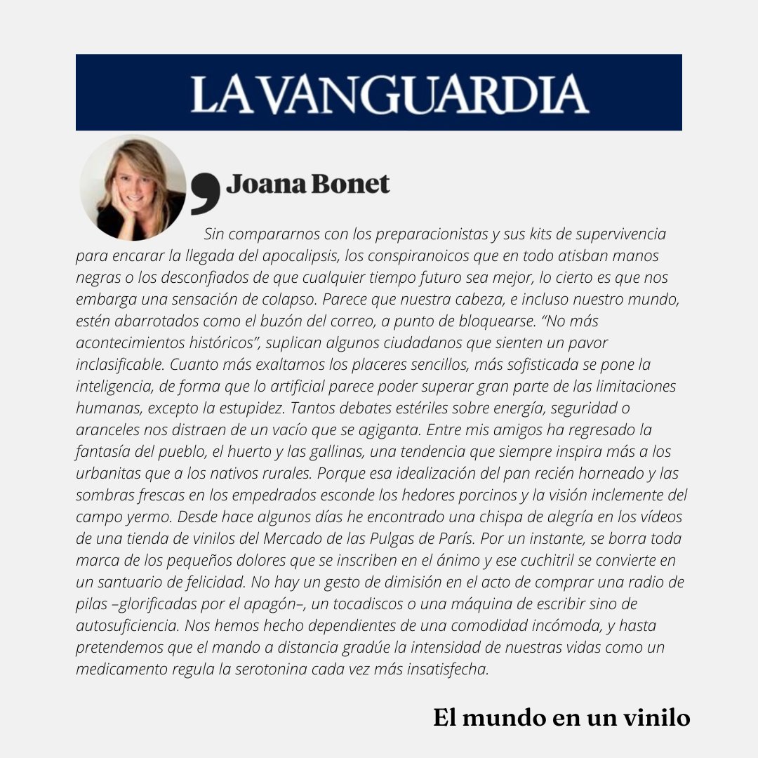 Joana Bonet (@bonetjoana) on Twitter photo Hoy he escrito en <a href="/LaVanguardia/">La Vanguardia</a> "El mundo en un vinilo", inspirada por las consecuencias emocionales del apagón y por los chispeantes vídeos de una tienda de discos antiguos en París: lavanguardia.com/opinion/202505… Hoy he escrito en <a href="/LaVanguardia/">La Vanguardia</a> "El mundo en un vinilo", inspirada por las consecuencias emocionales del apagón y por los chispeantes vídeos de una tienda de discos antiguos en París: lavanguardia.com/opinion/202505…