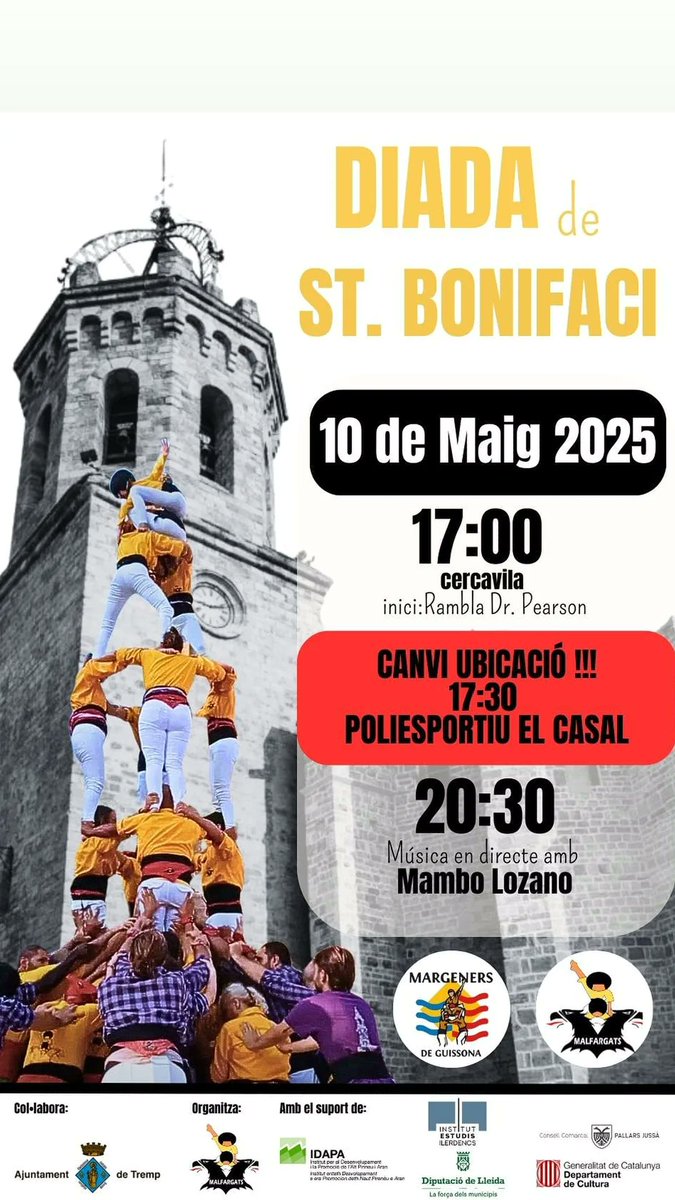 ÚLTIMA HORA! 

📍Canvi d'ubicació 📍a causa del risc de pluja!
17:30h al Pavelló del Casal (Tremp)

<a href="/margeners/">Margeners de Guissona</a> <a href="/adroset/">Adria Roset</a> <a href="/Teixidoo/">A. Teixidó</a> <a href="/AjTremp/">Ajuntament de Tremp</a> <a href="/BauliesJordi/">Jordi Baulies</a> <a href="/anna_gironella/">Anna Gironella</a> <a href="/trempoli19/">josep torra camarasa</a> <a href="/CastellsCat/">Coordinadora de Colles Castelleres</a> <a href="/Floretesdelcamp/">Flors Moreno Aguilar</a> <a href="/MartiPetitjan/">Martí Climent</a> <a href="/VikingoStF/">Guillem</a> <a href="/serradelmontsec/">Serra del Montsec</a> @TurismeJussa