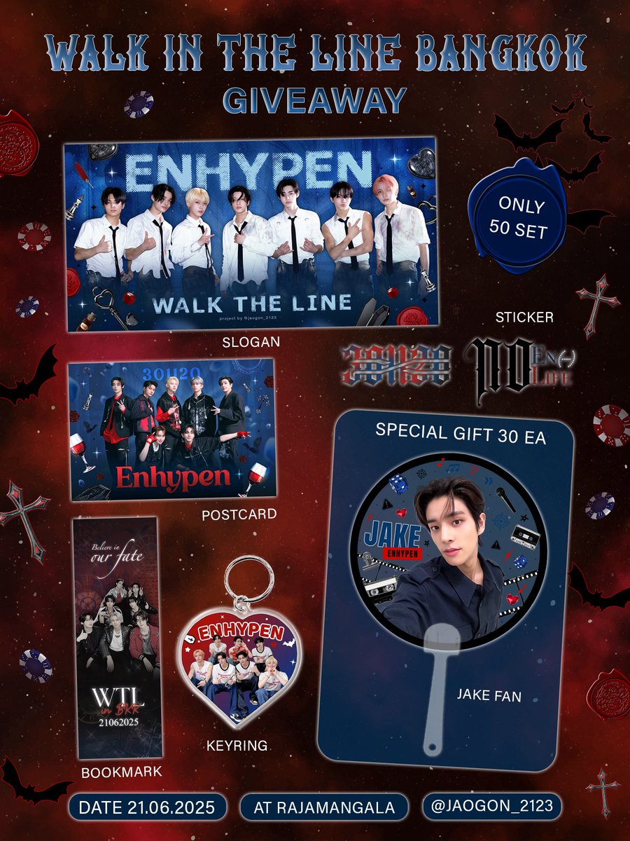 🏹 𝒌𝒊𝒏𝒅𝒍𝒚 𝑹𝑻 ⁀➴

giveaway for Engene ❤️💙
only 50 sets
with special jake hand fan 30 sets🦮
Date 21.06.2025
Time TBA
At Rajamangala
Show this tw and see ya　༘⋆*

#ENHYPEN
#WALKTHELINE_IN_BANGKOK 
#WALKTHELINE_IN_BKK 
#EN_WORLDTOUR_WALKTHELINE 
#GiveawayWTLinBKK