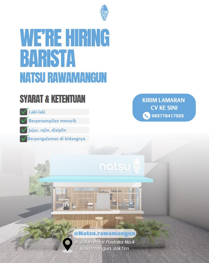 mauumatchaa's tweet photo. Dicari Barista untuk di Natsu Jappanese Coffee &amp; Ice Cream

No tipu-tipu karna aku yg punya 🙏🏻 Lagi cari cepat &amp; ga muluk2 kok syaratnya yang penting bisa dipercaya &amp; fun orangnya😉 coba aja dulu.. 

#lowongankerja #infoloker #rawamangun #barista https://t.co/RCVCxh6gAT