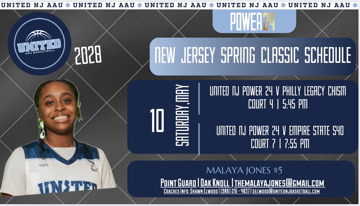 Malaya Jones (@themalayajones) on Twitter photo Excited to be back in action today with my United NJ teammates at New Jersey Spring Classic. Schedule is ⬇️⬇️
<a href="/coach_elwood/">Shawn Elwood</a>
<a href="/CoachGaba/">Coach Joe Gaba</a>
<a href="/CoachJimmy_O/">Jimmy Ostaszewski</a>
<a href="/unitedNJaau/">United NJ AAU</a> Excited to be back in action today with my United NJ teammates at New Jersey Spring Classic. Schedule is ⬇️⬇️
<a href="/coach_elwood/">Shawn Elwood</a>
<a href="/CoachGaba/">Coach Joe Gaba</a>
<a href="/CoachJimmy_O/">Jimmy Ostaszewski</a>
<a href="/unitedNJaau/">United NJ AAU</a>