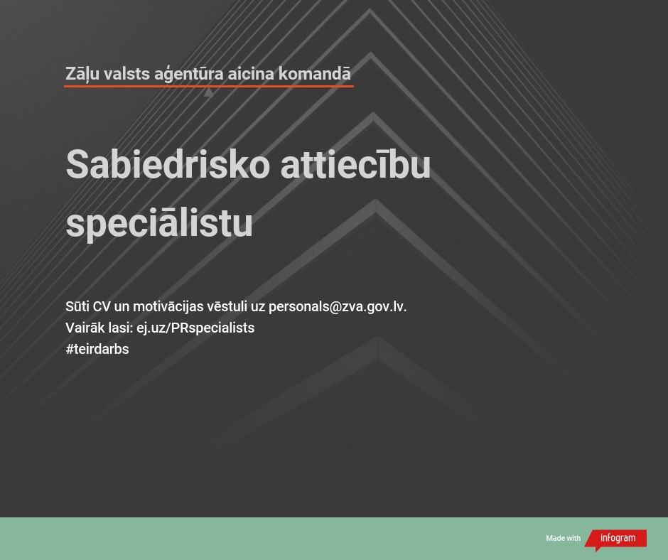 Zāļu valsts aģentūra (@zvalatvija) on Twitter photo #teirdarbs Aicinām pievienoties <a href="/ZVALatvija/">Zāļu valsts aģentūra</a> komandai sabiedrisko attiecību speciālistu!
✅ Starptautiska darba vide un sadarbības projekti ar ES valstīm. Plašāk 👉 ej.uz/PRspecialists
✅ Sūti CV uz personals@zva.gov.lv līdz 30. maijam. #teirdarbs Aicinām pievienoties <a href="/ZVALatvija/">Zāļu valsts aģentūra</a> komandai sabiedrisko attiecību speciālistu!
✅ Starptautiska darba vide un sadarbības projekti ar ES valstīm. Plašāk 👉 ej.uz/PRspecialists
✅ Sūti CV uz personals@zva.gov.lv līdz 30. maijam.