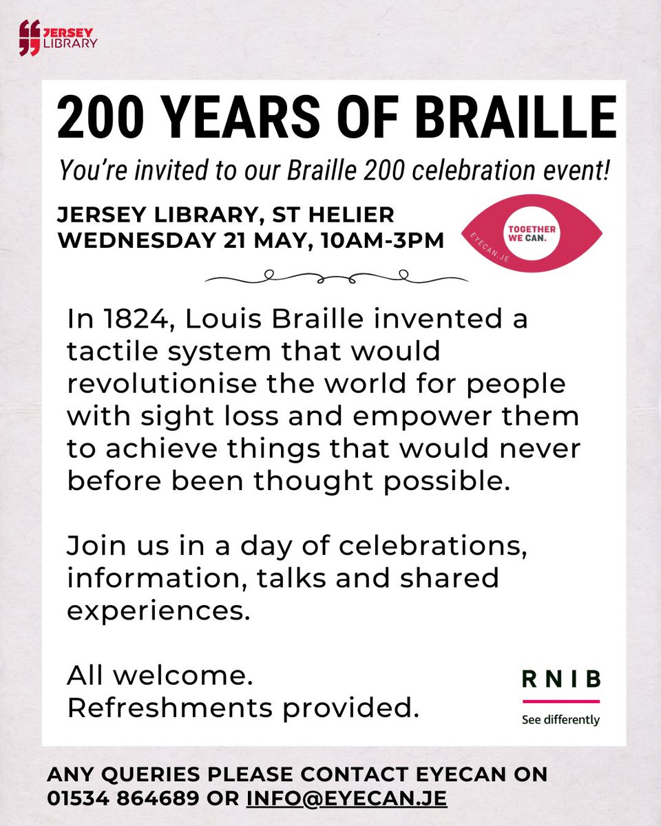On Wednesday 21st May, 10am to 3pm, join us for this celebration with a presentation from Dave Williams, EYECAN support for islanders living with sight loss, and a selection of stalls and activities. We hope you'll join us in this monumental celebration.
#jerseylibraryci #braille
