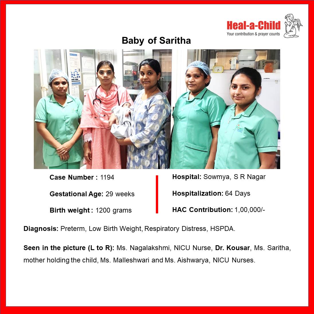 Baby of Saritha #discharged after 64 days of care from Sowmya Childrens Hospital