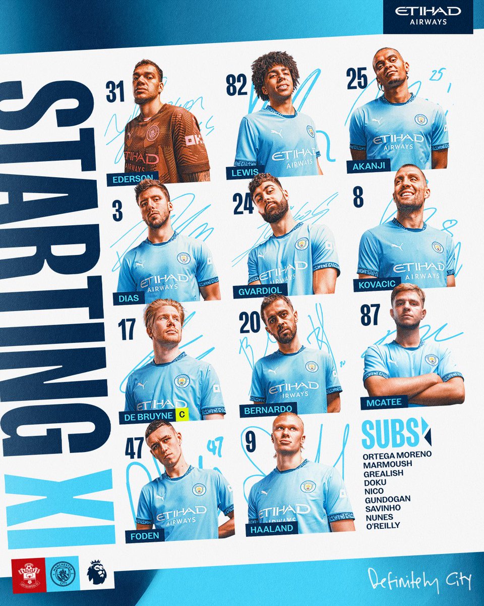Manchester City (@mancity) on Twitter photo Your City side to take on Southampton ๐ฉต
XI | Ederson, Lewis, Akanji, Dias, Gvardiol, Kovacic, De Bruyne (C), Bernardo, McAtee, Foden, Haaland
SUBS | Ortega Moreno, Marmoush, Grealish, Doku, Nico, Gundogan, Savinho, Nunes, O'Reilly
#ManCity | <a href="/etihad/">Etihad Airways</a> Your City side to take on Southampton ๐ฉต
XI | Ederson, Lewis, Akanji, Dias, Gvardiol, Kovacic, De Bruyne (C), Bernardo, McAtee, Foden, Haaland
SUBS | Ortega Moreno, Marmoush, Grealish, Doku, Nico, Gundogan, Savinho, Nunes, O'Reilly
#ManCity | <a href="/etihad/">Etihad Airways</a>