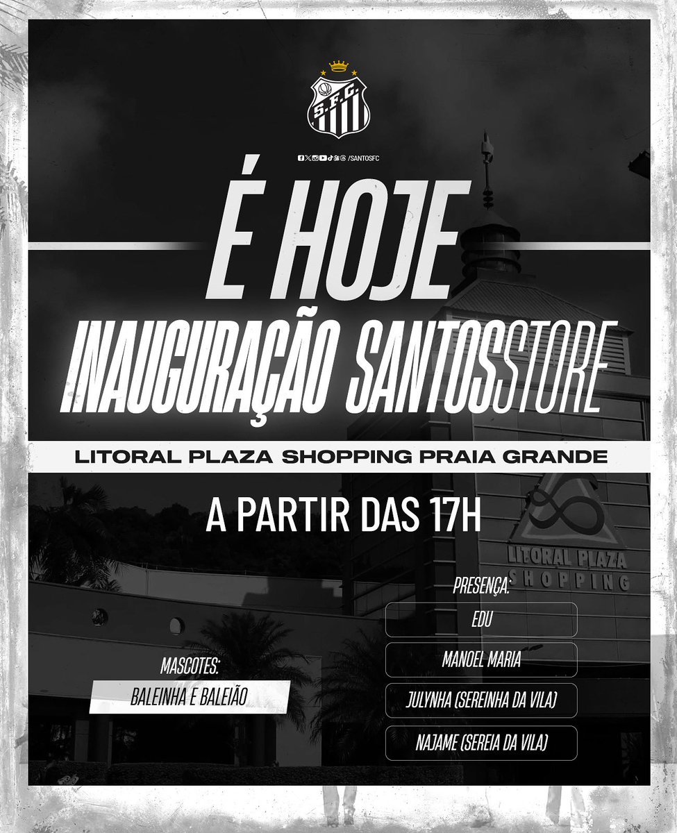 HOJE TEM INAUGURAÇÃO! Venha conhecer a nova loja oficial da Santos Store, no Litoral Plaza Shopping, em Praia Grande! ⚪️⚫️

O evento começará a partir das 17h00 e contará com a presença dos mascotes Baleinha e Baleião, dos #ÍdolosEternos Edu e Manoel Maria, e das #SereinhasDaVila