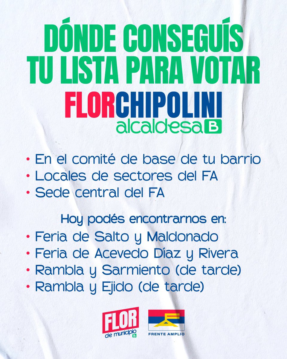 flordemunicipio's tweet photo. ¿Ya tenés tu lista? 🗳️🤔

Este 11 de mayo, con cualquier lista de Mario, Verónica o Salvador a la intendencia, sumá la 96-B para votar a Florencia Chipolini alcaldesa del Municipio.

¿Donde consigo la lista? 👇 https://t.co/5mvRVGVwKR