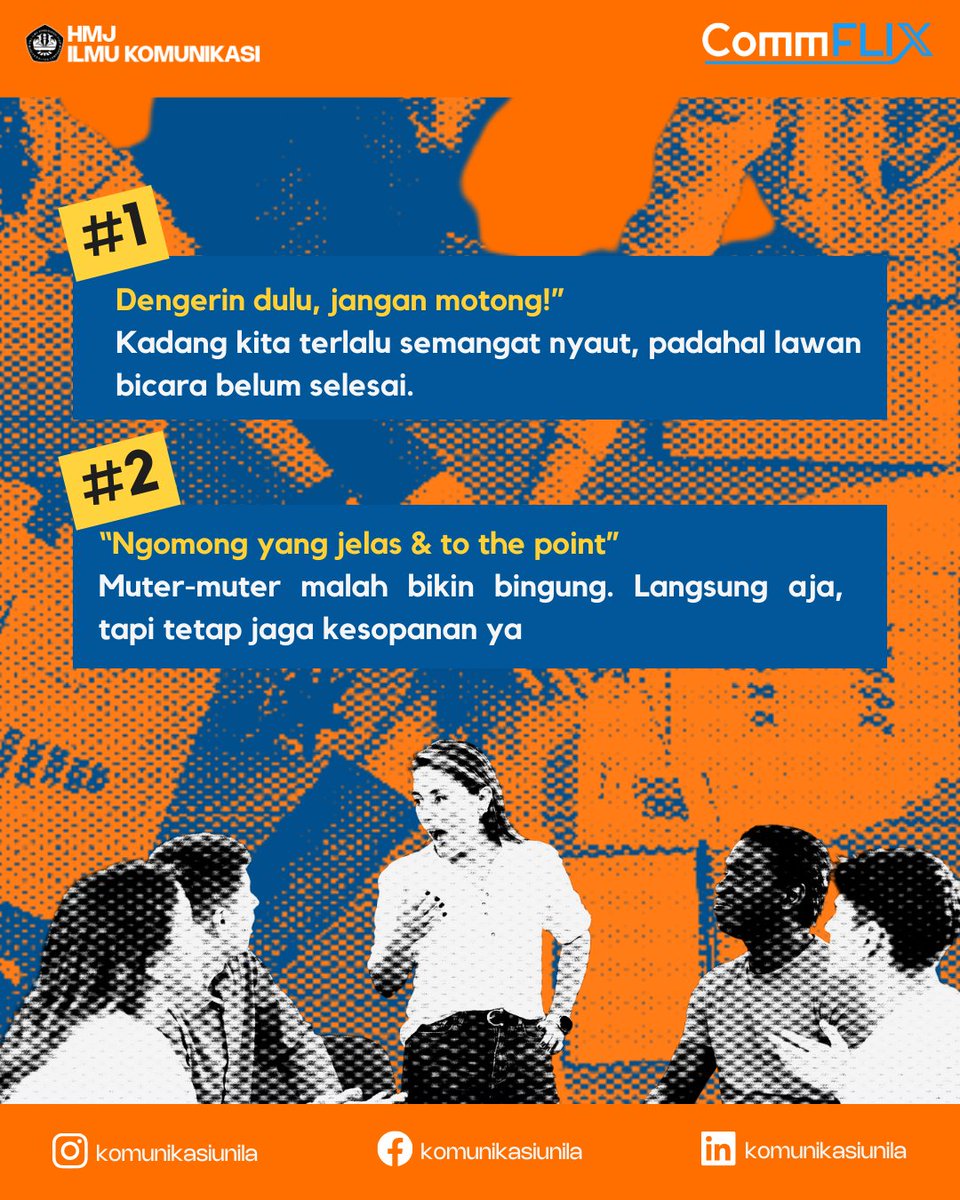 komunikasiunila's tweet image. Hi Commers! 👋🏻
Ngobrol itu gampang, tapi bikin komunikasi nyambung itu butuh skill. Mulai dari dengerin dengan tulus, ngomong yang jelas, sampai gak baperan. Yuk, latihan komunikasi yang sehat dan seru bareng Minkom~
#CommX #CommFLIXsolution #Communila