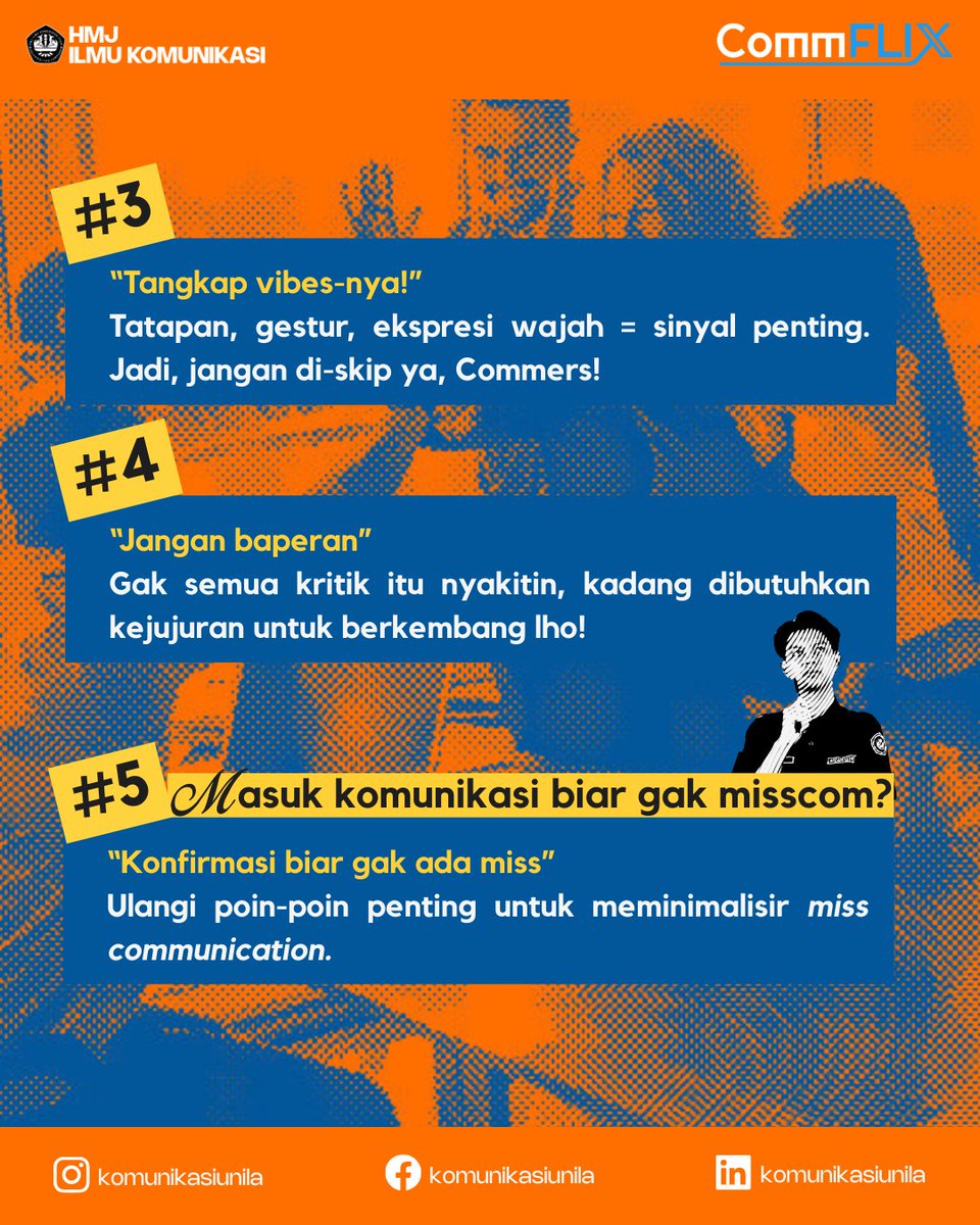 komunikasiunila's tweet image. Hi Commers! 👋🏻
Ngobrol itu gampang, tapi bikin komunikasi nyambung itu butuh skill. Mulai dari dengerin dengan tulus, ngomong yang jelas, sampai gak baperan. Yuk, latihan komunikasi yang sehat dan seru bareng Minkom~
#CommX #CommFLIXsolution #Communila