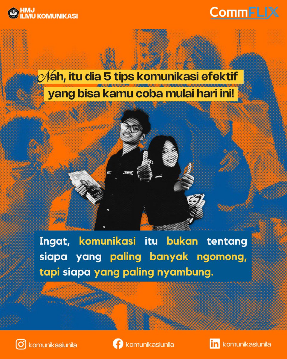 komunikasiunila's tweet image. Hi Commers! 👋🏻
Ngobrol itu gampang, tapi bikin komunikasi nyambung itu butuh skill. Mulai dari dengerin dengan tulus, ngomong yang jelas, sampai gak baperan. Yuk, latihan komunikasi yang sehat dan seru bareng Minkom~
#CommX #CommFLIXsolution #Communila