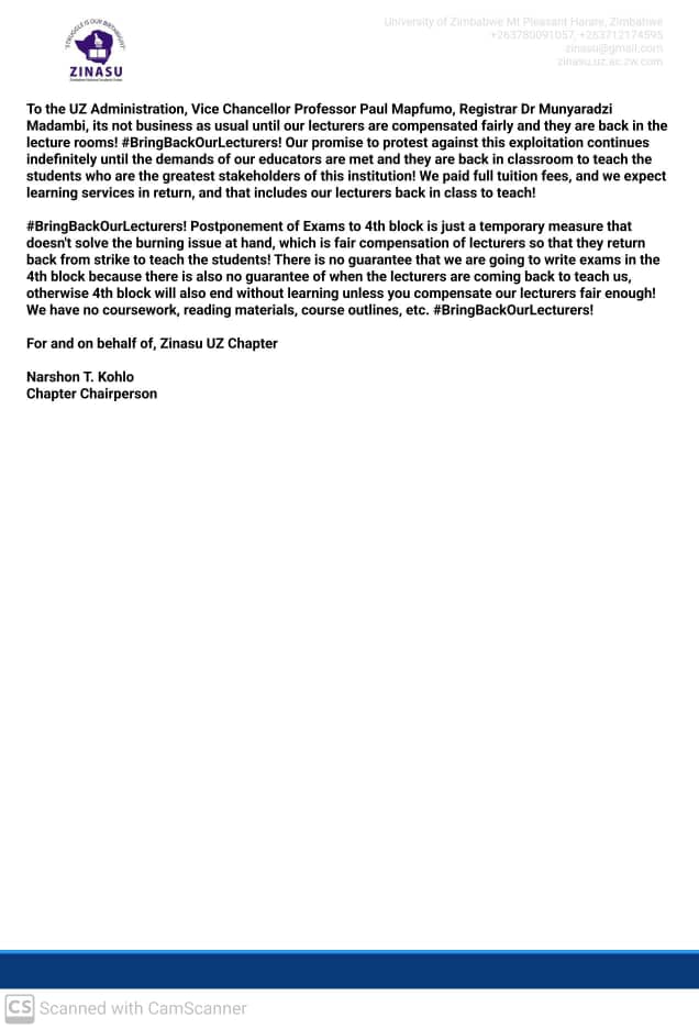 Narshon T. Kohlo🇿🇼 (@narshon_kohlo) on Twitter photo ZINASU UZ CHAPTER STATEMENT IN RESPONSE TO THE COMMUNIQUE THAT WAS ISSUED BY THE REGISTRAR AND THE DEPUTY REGISTRAR ACADEMIC ON 09 MAY 2025. ITS NOT BUSINESS AS USUAL AT UZ UNTIL OUR LECTURERS ARE COMPENSATED FAIRLY!
<a href="/AUT_UZ/">AUT University of Zimbabwe</a> <a href="/daddyhope/">Hopewell Chin’ono</a> <a href="/zimlive/">ZimLive</a> <a href="/Cde_Ostallos/">Gift Ostallos Siziba</a> <a href="/NehandaRadio/">Nehanda Radio</a> ZINASU UZ CHAPTER STATEMENT IN RESPONSE TO THE COMMUNIQUE THAT WAS ISSUED BY THE REGISTRAR AND THE DEPUTY REGISTRAR ACADEMIC ON 09 MAY 2025. ITS NOT BUSINESS AS USUAL AT UZ UNTIL OUR LECTURERS ARE COMPENSATED FAIRLY!
<a href="/AUT_UZ/">AUT University of Zimbabwe</a> <a href="/daddyhope/">Hopewell Chin’ono</a> <a href="/zimlive/">ZimLive</a> <a href="/Cde_Ostallos/">Gift Ostallos Siziba</a> <a href="/NehandaRadio/">Nehanda Radio</a>