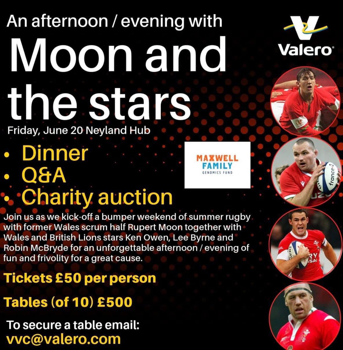 Rupert Moon (@rupertmoon) on Twitter photo What a night this promises to be along with a fantastic weekend of sport! 20/6/25
If you would like a ticket please contact or on the email below
Gags - 07972776888
Email - VVC@valero.com
In aid of Maxwell Family Genomics Fund Velindre Cancer Centre Fundraising What a night this promises to be along with a fantastic weekend of sport! 20/6/25
If you would like a ticket please contact or on the email below
Gags - 07972776888
Email - VVC@valero.com
In aid of Maxwell Family Genomics Fund Velindre Cancer Centre Fundraising