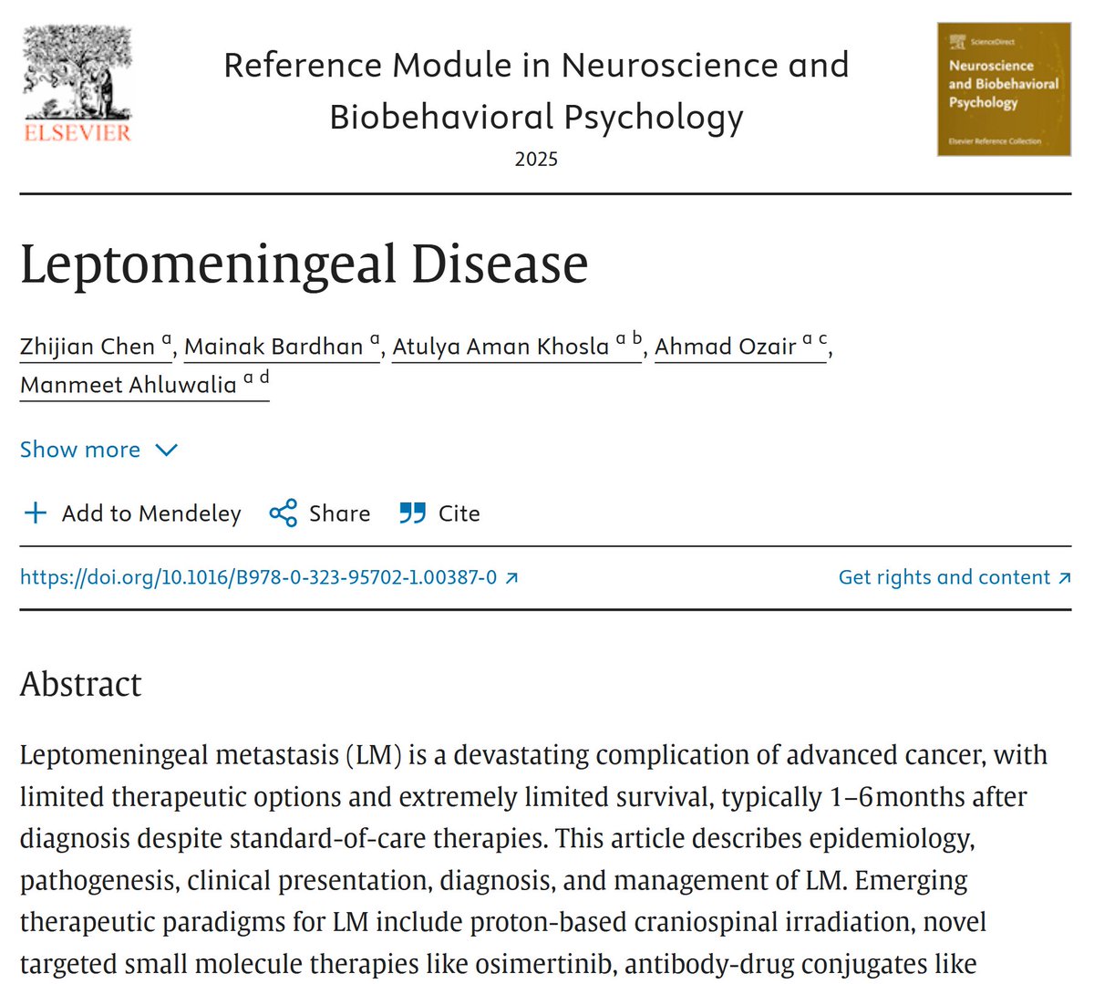 📢New in <a href="/ElsevierConnect/">Elsevier</a> 
Leptomeningeal metastasis (LM) is a fatal complication of advanced #Cancer  with few effective treatments. 

✅We discussed its epidemiology, pathogenesis, diagnosis &amp; emerging therapies—incl. proton CSI, osimertinib, T-DXd &amp; CSF liquid biopsy.
<a href="/theNCI/">National Cancer Institute</a>