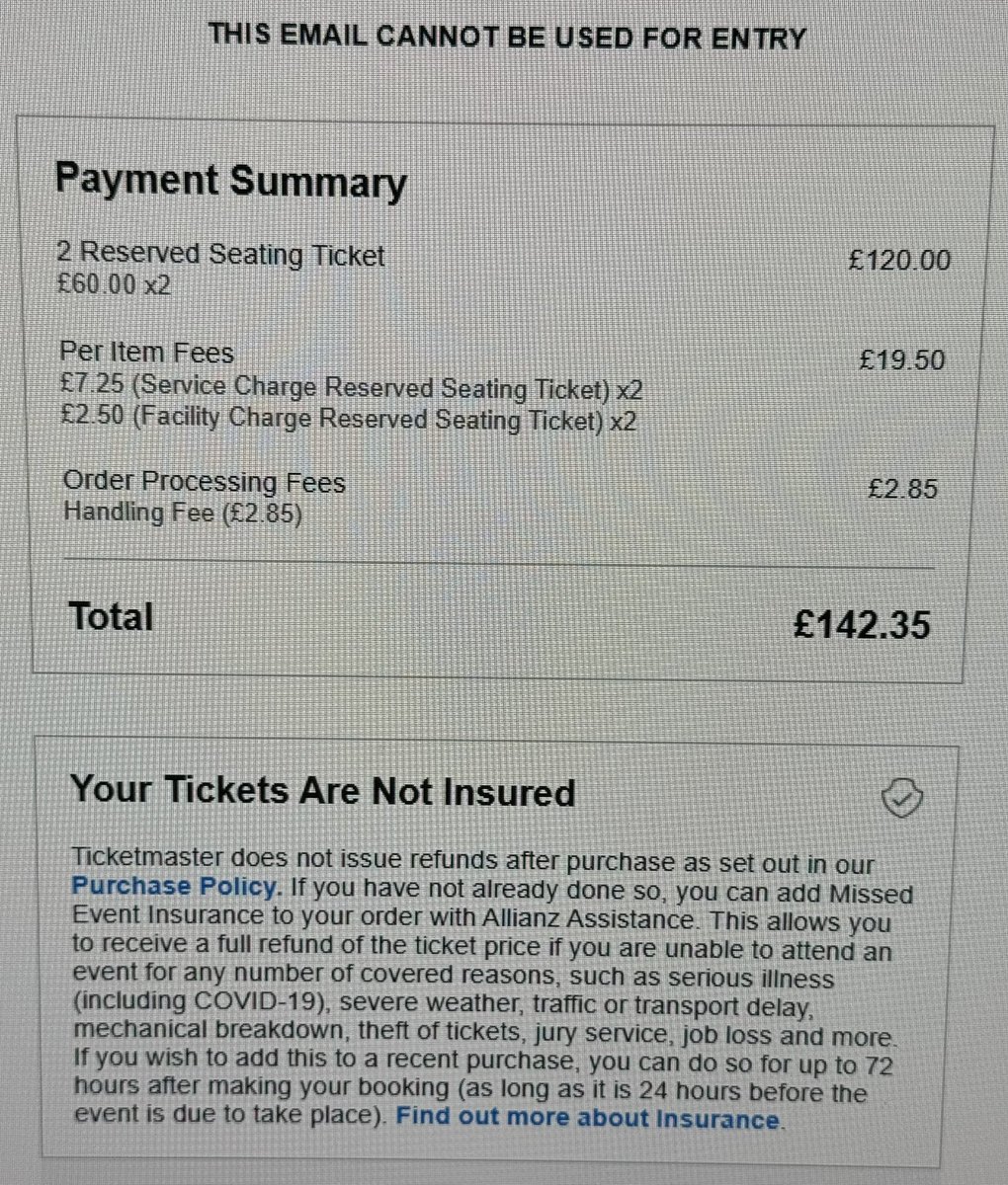 A refreshing reminder of the legalised robbery that are ticket agencies. Over £20 of bullshit extras. #ripoff
