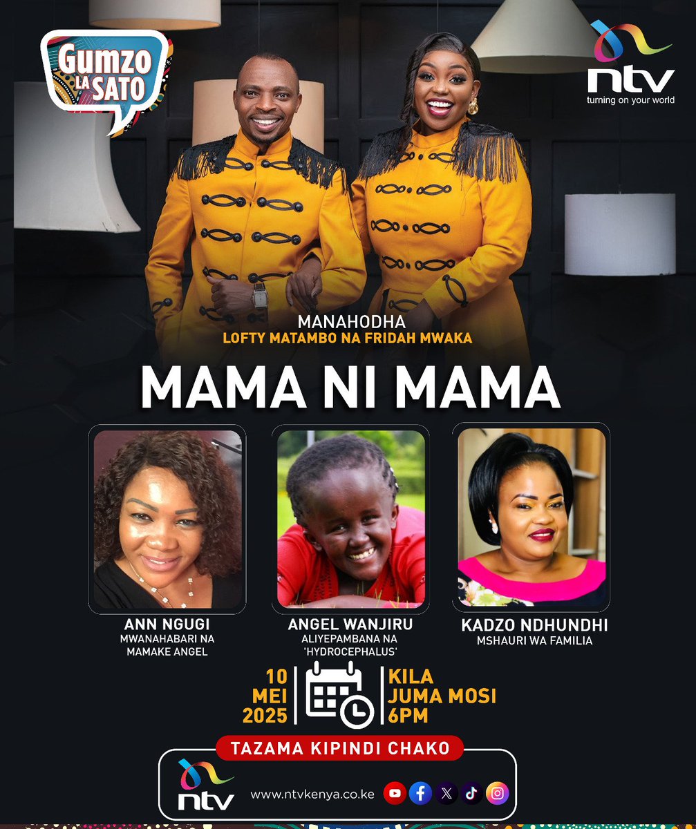 Ulimwengu unaadhimisha siku ya mama Jumapili hii. #GumzoLaSato linasherehekea na Ann Ngugi, mwanahabari wa miaka mingi, ila amemlea kwa jasho na machozi mtoto aliye na  'Hydrocephulus' kwa miaka 21 sasa. Unamsherekea mamako kwa lipi?
6PM @mwakafridah <a href="/loftymatambo/">Lofty Matambo</a> <a href="/ntvkenya/">NTV Kenya</a>