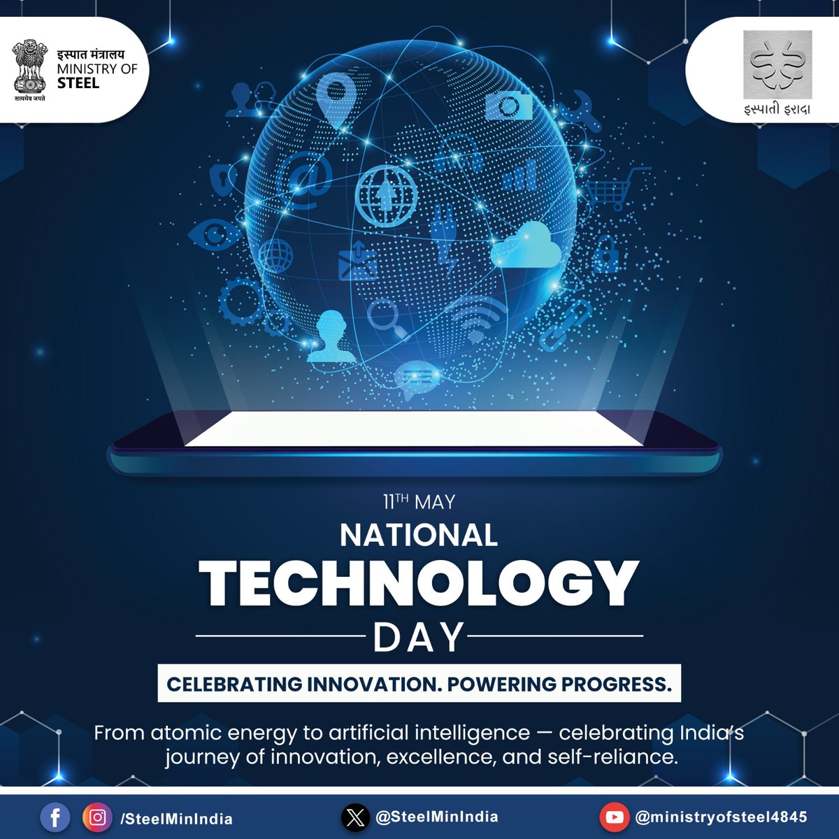 SteelMinIndia's tweet image. On #NationalTechnologyDay, we celebrate India’s strides in science, innovation, and self-reliance. A tribute to the visionaries behind the progress that powers our nation’s future.

#AatmanirbharBharat #TechForIndia